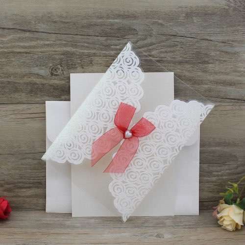 Invitation Card Glitter Clear Plastic Cover Wedding Card with Silk Bow
